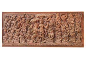 ancient stone carving Cambodian king with concubine harem and infantry battalion of monkey face soilder army at Temple, Cambodia vintage old souvenir home decoration