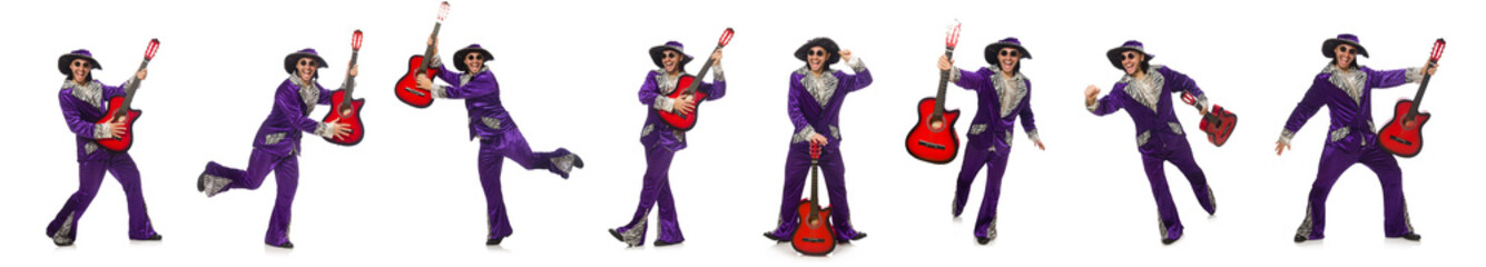 Man in funny clothing holding guitar isolated on white