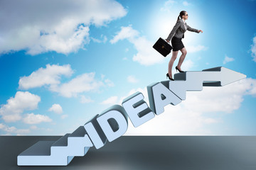 Concept of idea with businesswoman climbing steps stairs