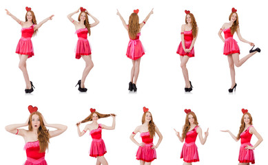 Pretty young model in mini pink dress isolated on white