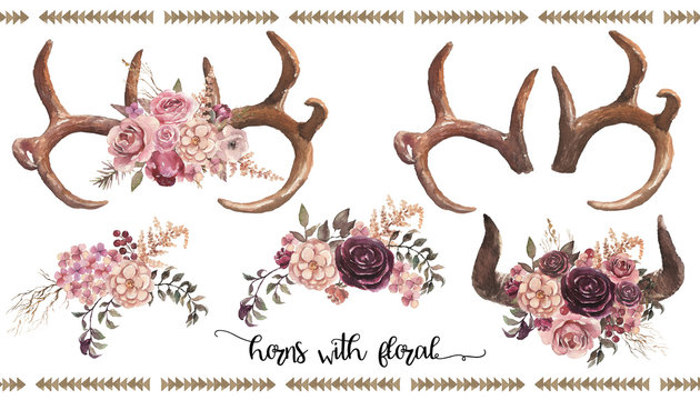Watercolor boho floral illustration set - bull / cow / deer horns & antlers with flower bouquets for wedding, anniversary, birthday, invitations, tribal native american symbol, bohemian DIY indian