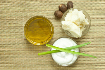moisturizer, shea butter, essential oil, top view
