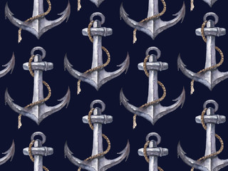 Seamless watercolor nautical pattern with anchor on black background, perfect for wrappers, wallpapers, postcards, greeting cards, wedding invitations, romantic events, etc.