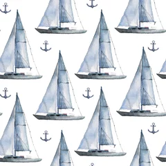 Papier Peint photo Mer Motif nautique aquarelle sans couture avec divers bateaux et ancres sur fond blanc, parfait pour les emballages, fonds d& 39 écran, cartes postales, salutations, invitations de mariage, événements romantiques.