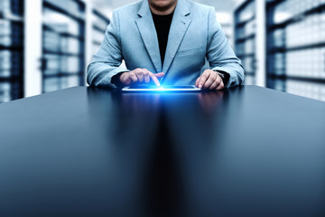 Businessman pressing button. Innovation technology internet business concept. Space for text