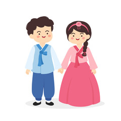 Cute Korea Hanbok Traditional Clothes Costume Couple Cartoon Vector