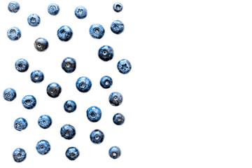 Blueberries background on white top view copy space pattern