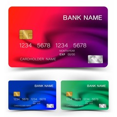 Credit card design. With inspiration from the abstract. Mix red purple and blue green color on white background. Vector illustration. Glossy plastic style.