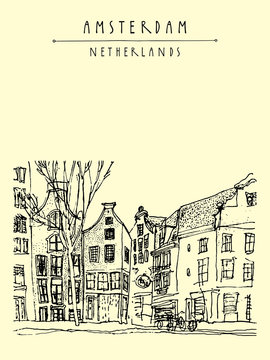 Amsterdam, Holland, Netherlands, Europe. Travel vintage hand drawn postcard
