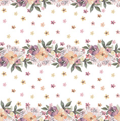 Seamless watercolor floral pattern with flower composition on white background, perfect for wrappers, wallpapers, postcards, greeting cards, wedding invitations, romantic events, etc. 