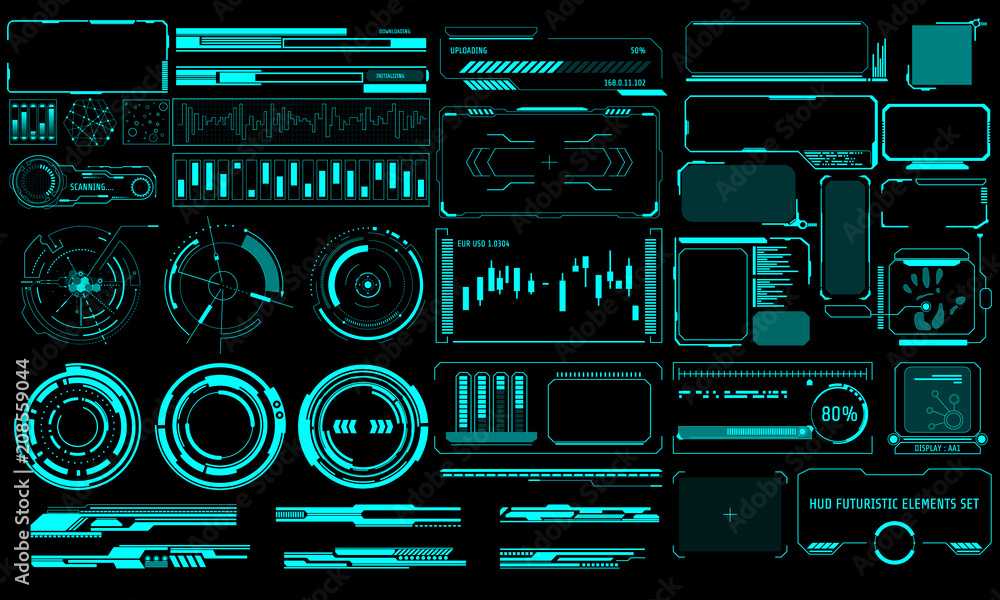 Aufkleber HUD Virtual Futuristic Elements Set Vector. Green Object Abstract Graphic For User Interface Control Panel Game Apps Illustration.