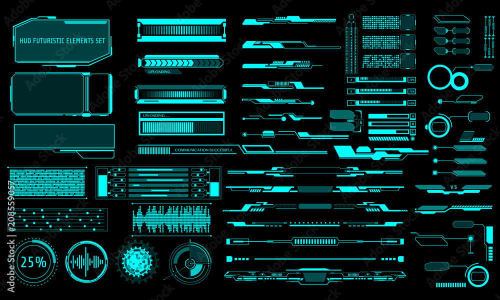 Poster HUD Virtual Futuristic Elements Set Vector. Green Object Abstract Graphic For User Interface Control Panel Game Apps Illustration.