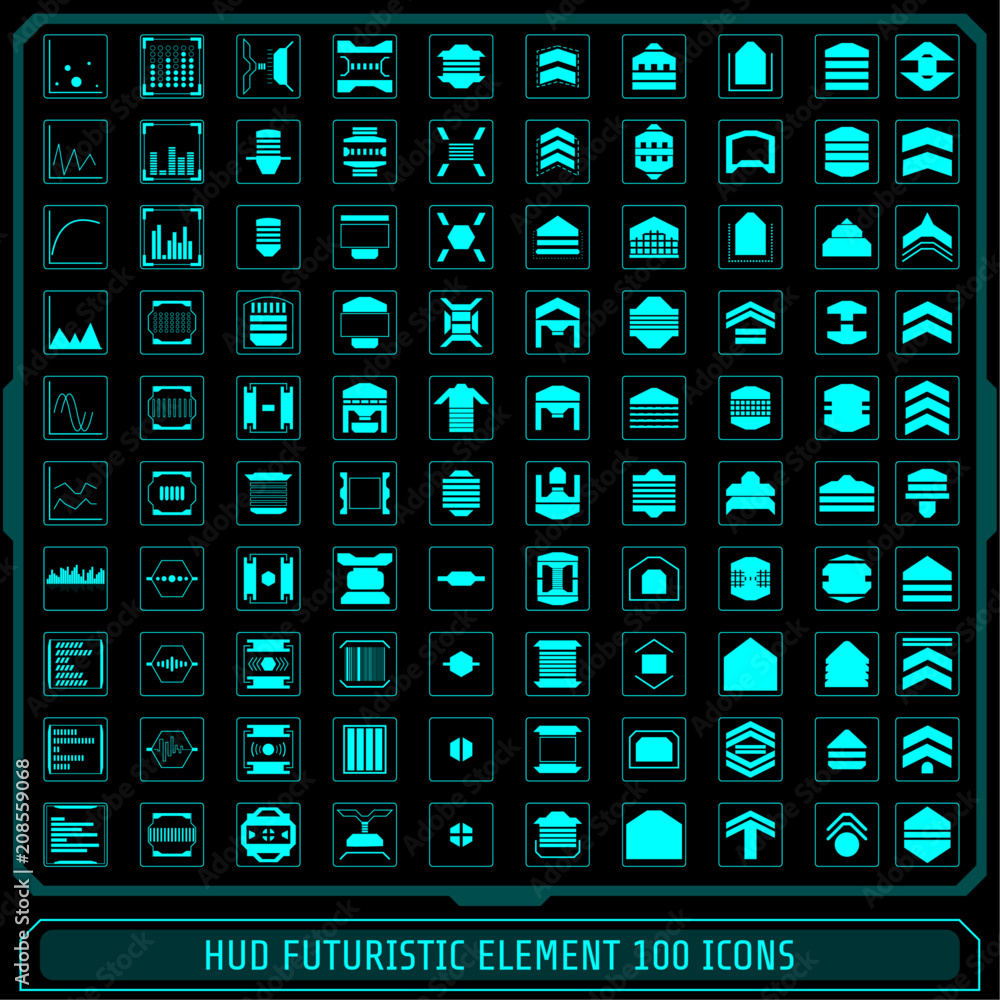 Poster HUD Fututistic Collection Icons Element Vector Set. Green Abstract Basic Monitor Screen, Triangle Arrow , Circle Crosshairs, Information Frame Logo Sign Object For Web Or Apps