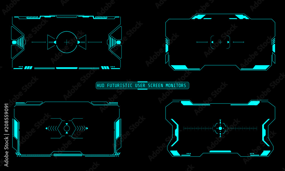 Poster HUD Futuristic Technology Interface Screen Elements Panel Set Vector. Abstract Virtual Cyber Control Display Pack For Game App UI Illustration	