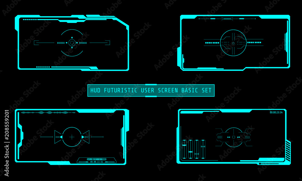 Fototapete HUD Futuristic Technology Interface Screen Elements Panel Set Vector. Abstract Virtual Cyber Control Display Pack For Game App UI Illustration	