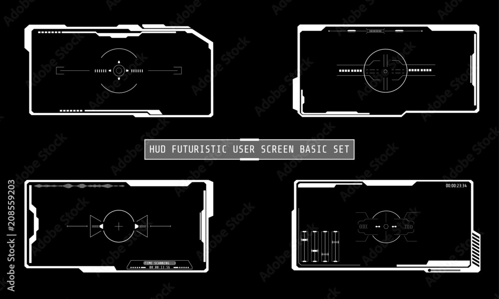 Poster HUD Futuristic Technology Interface Screen Elements Panel Set Vector. Abstract Virtual Cyber Control Display Pack For Game App UI Illustration	