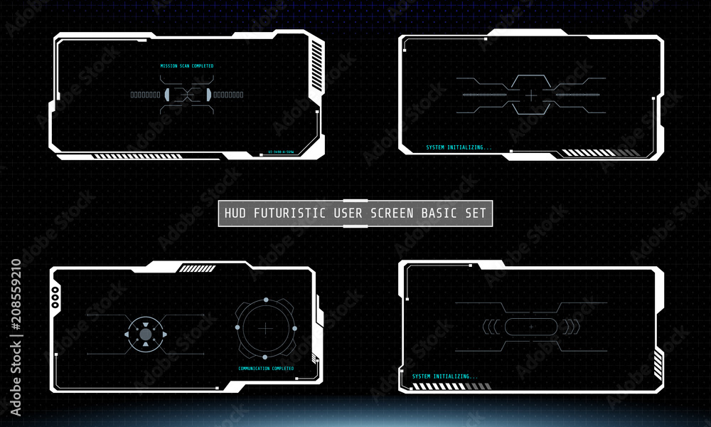 Fototapete HUD Futuristic Technology Interface Screen Elements Panel Set Vector. Abstract Virtual Cyber Control Display Pack For Game App UI Illustration	