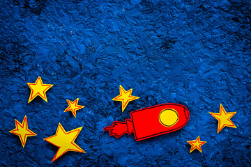 Space flight or space travel concept. Drawn stars and rocket or space shuttle on blue background...