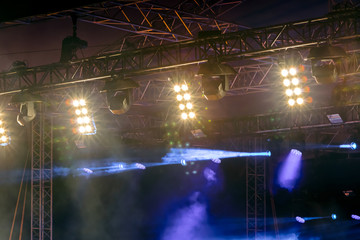 row of bright spotlights on concert stage. outdoor performance