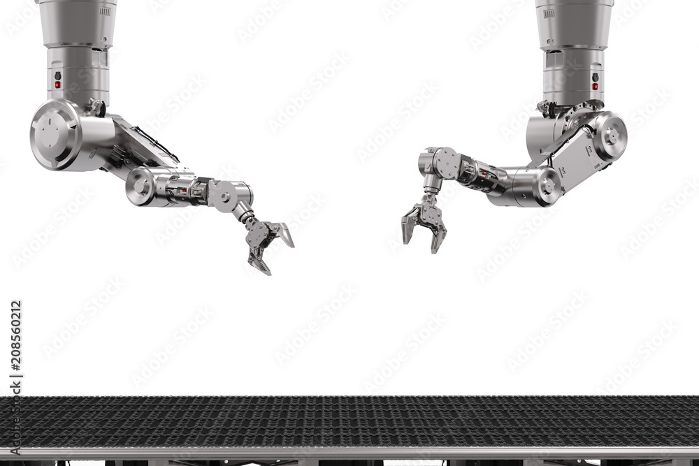 Poster robot arm with conveyor line