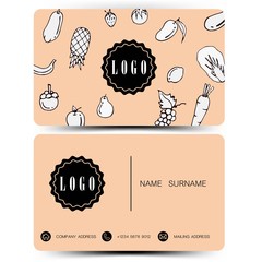 Vintage color. business card design doodle concept. Vegetables and fruits. 