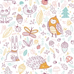 Poster Cute forest animals and elements vector seamless pattern. © samiola
