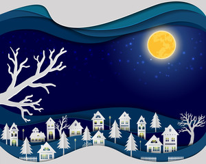 Paper art design of urban countryside landscape in night scene background,White village with full moon in depth layer backdrop,vector illustration