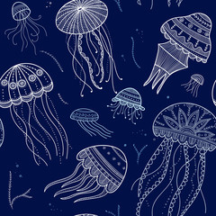 Vector seamless pattern with jellyfishes in ethnic boho style
