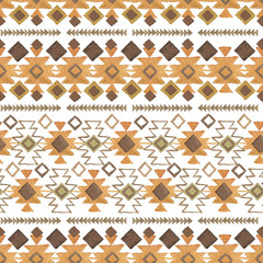 Fototapeta premium Watercolor ethnic boho seamless pattern of ornament, tribal sign on white background, native american tribe decoration print element, tribal bohemian navajo illustration, Indian, Peru, Aztec wrapping.