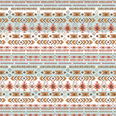 Watercolor ethnic boho seamless pattern of ornament, tribal sign on white-blue background, native american tribe decoration print element, bohemian navajo illustration, Indian, Peru, Aztec wrapping. - obrazy, fototapety, plakaty