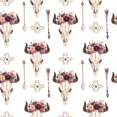 Watercolor ethnic boho seamless pattern of bull cow skull horn floral bouquet, ornament on white background, native american decor print element, tribal bohemian navajo, Indian, Peru, Aztec wrapping