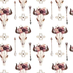 Papier Peint photo autocollant Style Boho Modèle sans couture boho ethnique aquarelle de bouquet floral de corne de crâne de vache taureau, ornement sur fond blanc, élément d& 39 impression de décor amérindien, navajo bohème tribal, Indien, Pérou, emballage aztèque