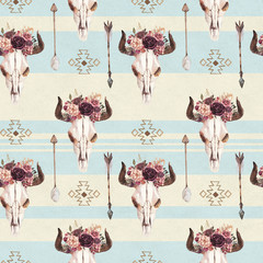 Watercolor ethnic boho seamless pattern of bull cow skull, horn, floral bouquet, ornament on blue background, native american decor print element, tribal bohemian navajo, Indian, Peru, Aztec wrapping