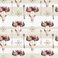 Gordijnen Aquarel etnische boho naadloze patroon van stier koe schedel hoorn bloemen boeket, sieraad op lichte achtergrond, native american decor print element, tribal boho navajo, Indiase, Peru, Azteekse inwikkeling. © Veris Studio