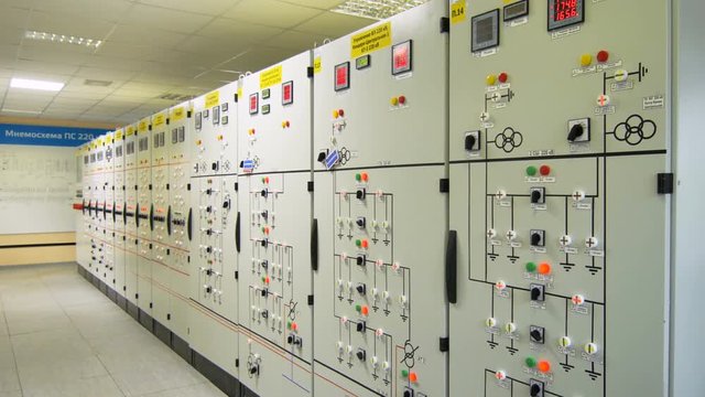 equipment cupboards with electrical circuits and illuminated readings