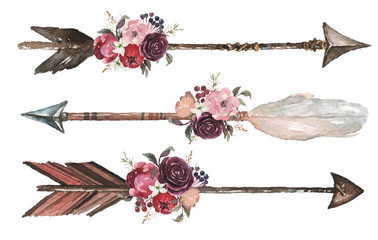 Watercolor ethnic boho set of arrows, feathers and flowers, native american tribe decoration print element, tribal navajo isolated illustration bohemian ornament, Indian, Peru, Aztec wrapping. © Veris Studio