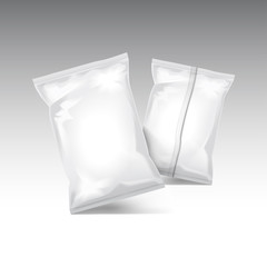 Set of vector transparent and white foil bag packaging for food, snack, coffee, cocoa, sweets, crackers, nuts, chips. Plastic pack template
