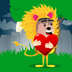 Boy dressed as lion hugging big red heart. Vector cartoon character illustration.