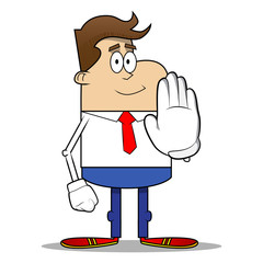 Simple retro cartoon of a businessman showing deny or refuse hand gesture. Vector cartoon illustration.