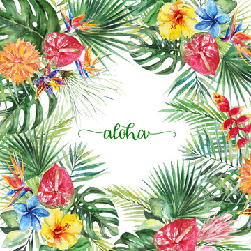 Watercolor tropical floral illustration - flower and leaf arrangement border frame for wedding, anniversary, birthday, invitations, cards, dates, etc. Aloha!