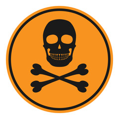 WARNING sign. Black skull and crossbones on yellow circle. Vector icon.