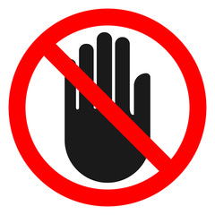 STOP HAND sign. Black hand silhouette in red crossed out circle. Vector icon.