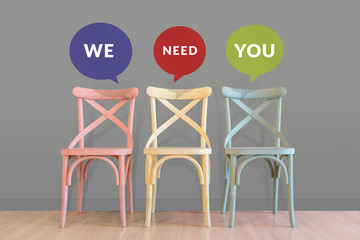 Human Resource and Teamwork Concept. Empty Chairs in Waiting Room at the Office with Speech Bubble "We Need You"