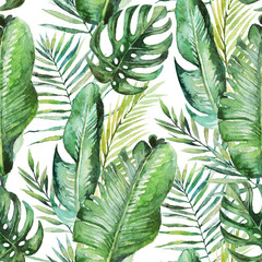 Grüne tropische Palm- u. Farnblätter auf weißem Hintergrund. Aquarell handgemaltes nahtloses Muster. Tropische Abbildung. Dschungellaub.