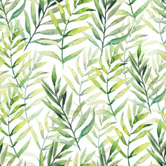 Green tropical palm & fern leaves on white background. Watercolor hand painted seamless pattern. Tropical illustration. Jungle foliage.