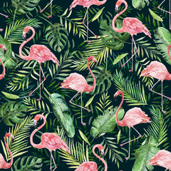 Green palm leaves and flamingo on the black background. Watercolor hand painted seamless pattern. Tropical illustration. Jungle foliage. © Veris Studio
