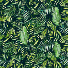 Naklejka na ściany i meble Green palm leaves on the black background