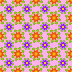 Seamless pattern of red and purple flowers with green leaves on a pink background