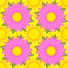 Fototapeta na wymiar Seamless pattern of pink flowers with green leaves on a background of yellow flowers