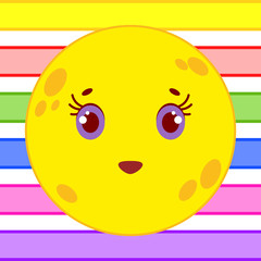 Yellow yellow moon with a smile on the background of colored stripes